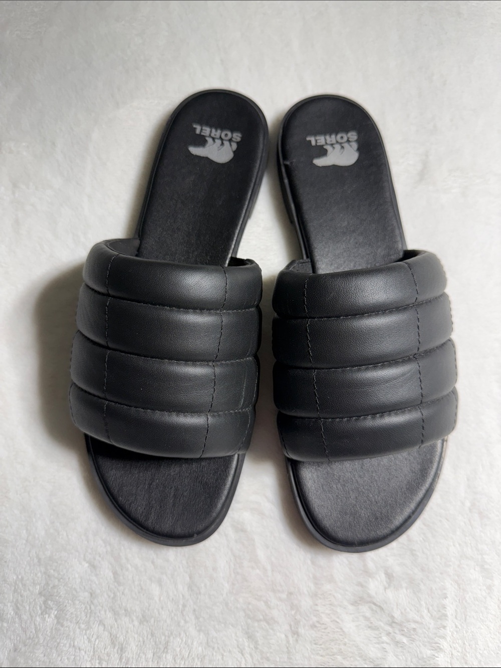 Sorel Black Padded Quilted Slide Sandals